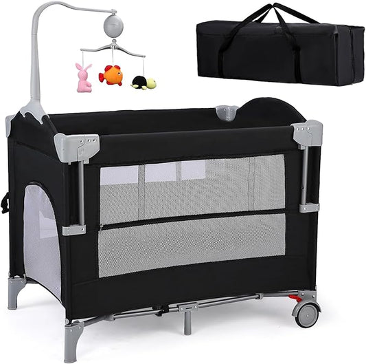 JOYMOR 4 in 1 Pack and Play, Baby Bedside Bassinet, Sturdy Play Yard with Padded Mat and Toy bar with Soft Toys
