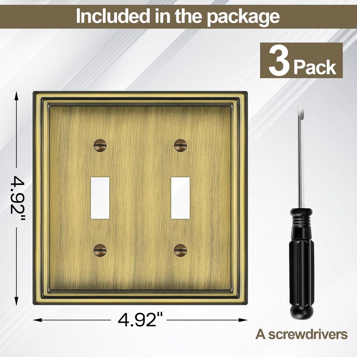 Double Toggle Light Switch Covers Plate, Metal Material 2 Gang Wall Plates for Double Light Switch, Antique Brass Decorative Switch Plate Cover - Classic Style, 3 Pack