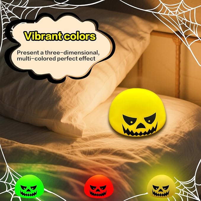 Funny Devil Pumpkin Night Light - Color Changing Half-Sphere Silicone Lamp, Battery Powered, Dimmable Glow for Halloween Christmas Decor, Novelty Gift (Yellow)