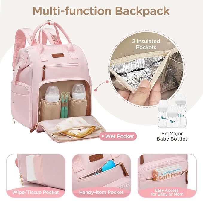 Breast Pump Bag for Spectra & Work with 14 inch Laptop Sleeve - Convertible Large Diaper Bag Backpack with Cooler Storage for Travel, Pink