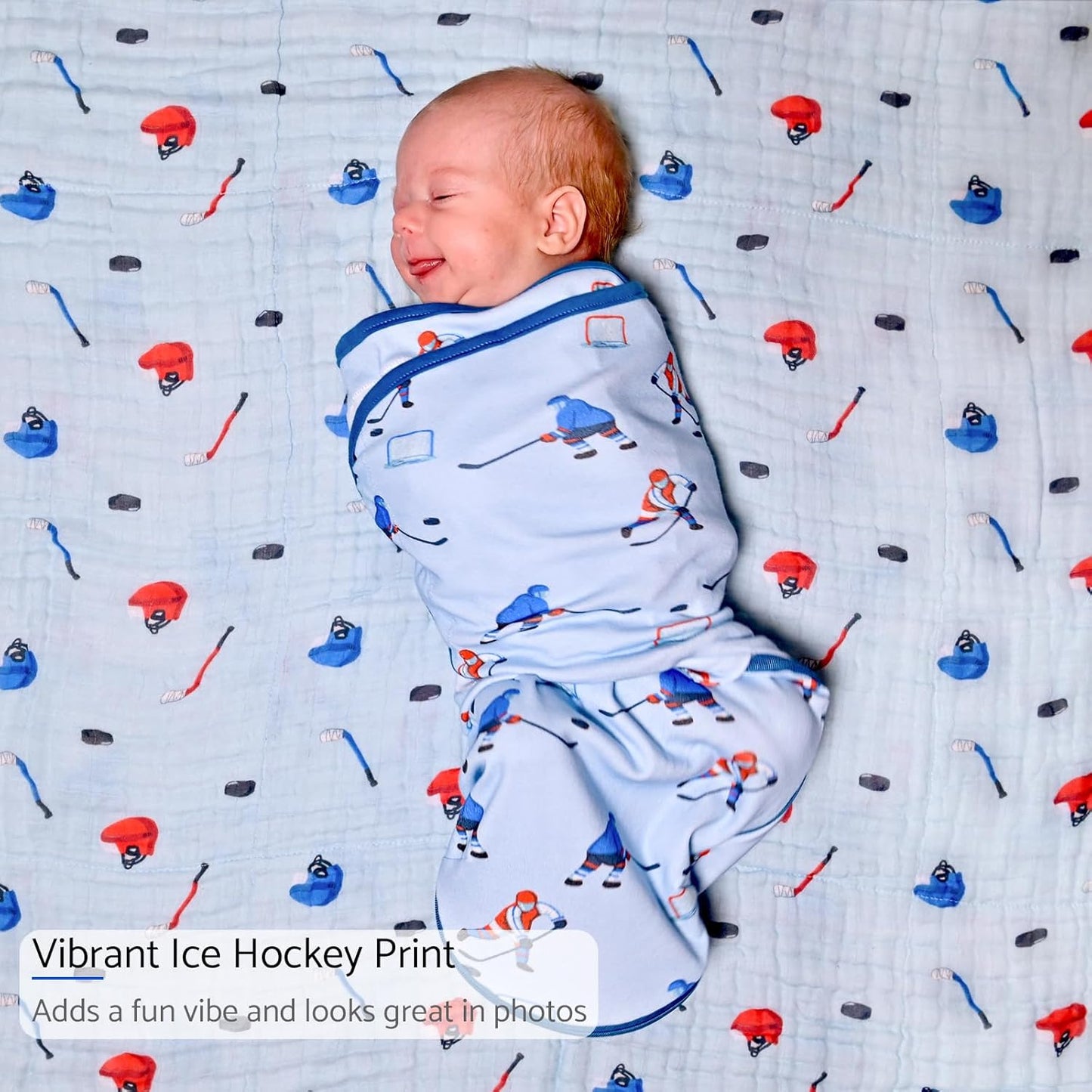 LollyBanks Baby Swaddle, 100% Organic Cotton Newborn Boy Swaddle Sack 0-3 Months, Newborn Baby Swaddle Blanket Wrap with Easy Change Zipper, Baby Registry Must Haves (Ice Hockey)
