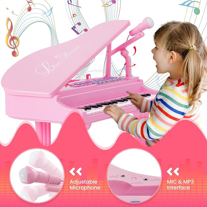 HONEY JOY Classical Kids Mini Grand Piano, 37-Key Electronic Piano with Music Stand & Stool, Portable Musical Instrument Toy for Kids (Pink, 37 Keys)