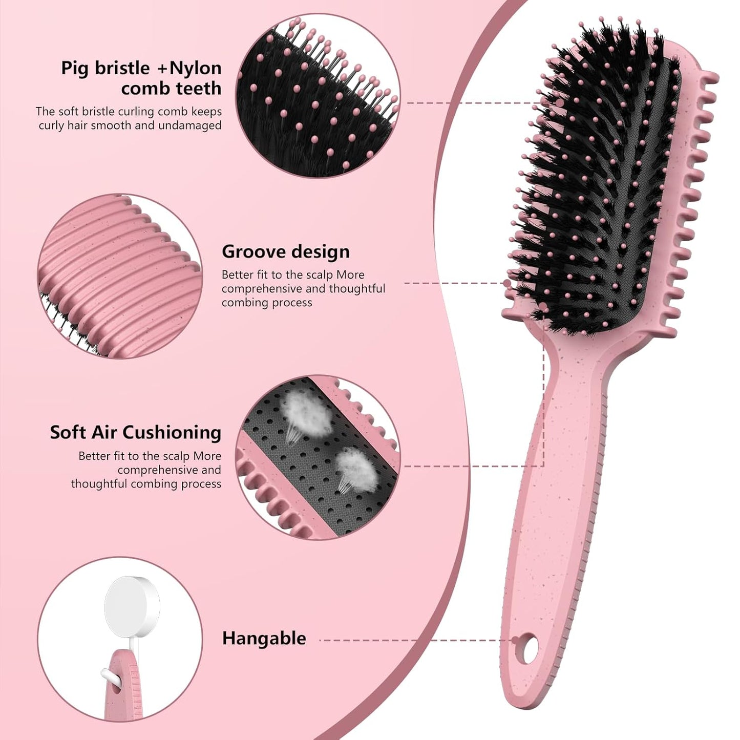 Curl Defining Brush, Curly Hair Brush, Slick Back Hair Brush, For Combing and Shaping Curls in All Hairstyles to Reduce Pulling (Pink)