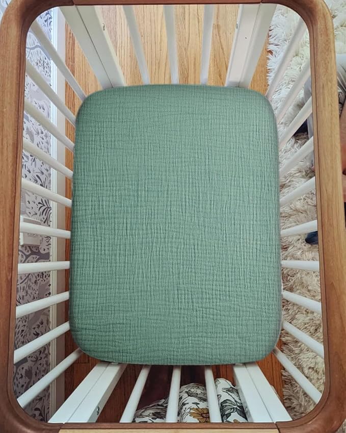 Pack and Play Sheets for Baby Boys and Girls 39"x27"x3", Neutral Muslin Cotton Pack N Play Mattresses Sheet with Boho Style, Soft and Breathable Comfort (Roman Green)