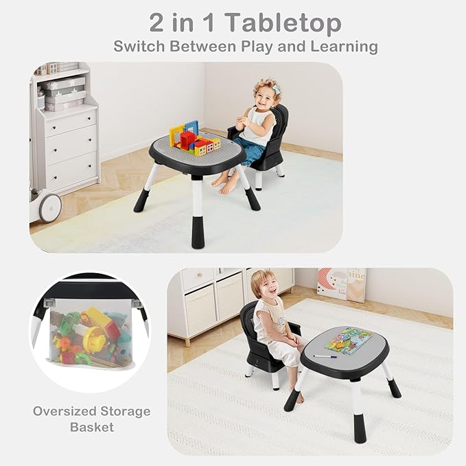 INFANS 9 in 1 High Chair, Convertible Baby Highchair for Babies and Toddlers, Table and Chair Set Building Block Infant Dining Booster Seat, Kids Stool with Activity Children Play Kitchen(Black)