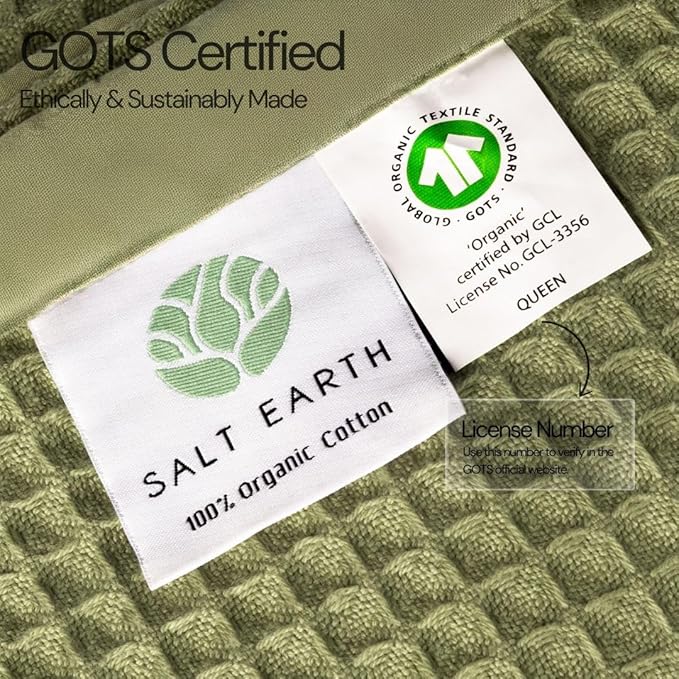 Salt Earth GOTS Certified 100% Organic Cotton Throw Blanket, 90" X 90" Blankets & Throws for Bed, Throw Blanket for Couch,Modern & Cozy Blanket, All Seasons, Waffle Blanket, Soft Blanket (Mosstone)