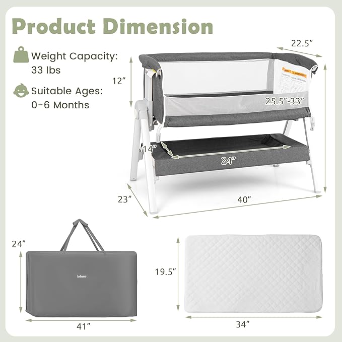 INFANS Baby Bassinet Bedside Crib, Newborn Sleeper w/Large Storage Basket, Adjustable Heights, Detachable &Washable Mattress, Breathable Mesh, Straps, Easy Moving Bed Side (Misty Grey)