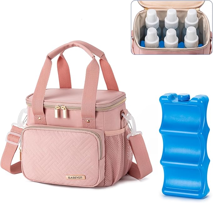 Breastmilk Cooler Bag with Ice Pack Fits 6 Baby Bottles up to 9 Ounce, Breast Milk Pump Cooler Bag for Nursing Mom Daycare, Work, Travel-Pink