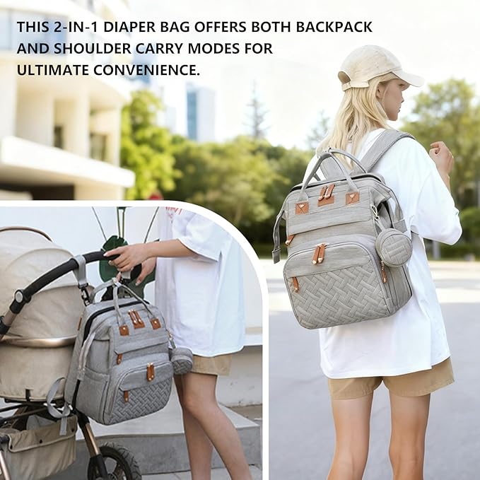 Baby Diaper Bag Backpack with Changing Station, Waterproof Large Capacity Baby Bag with USB Charging Port, Lightweight Travel Backpack Diaper Bag with Portable Crib - Grey