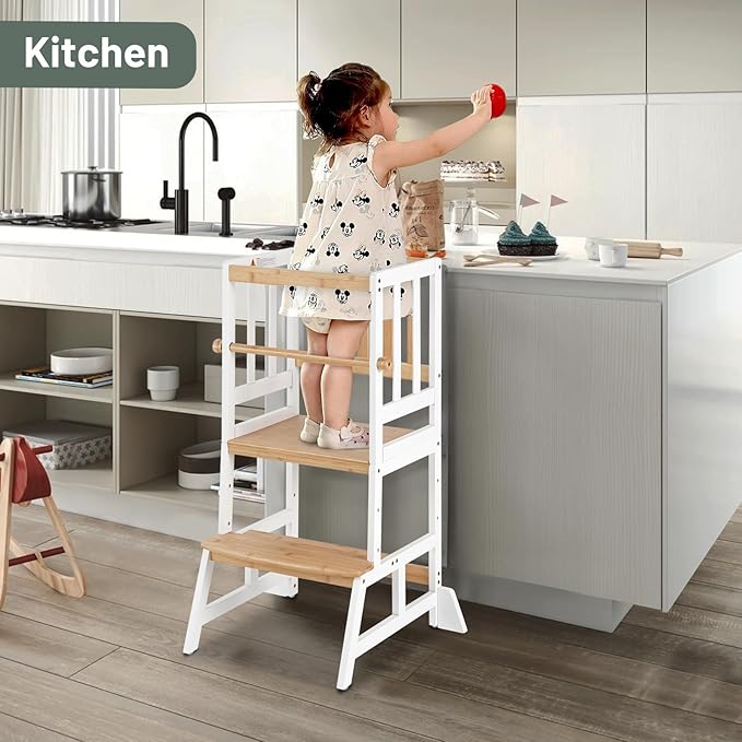 COSYLAND Toddler Standing Tower - Adjustable Height Toddler Kitchen Stool Helper - Kids Kitchen Step Stool for Learning with Removable Safety Railing White & Natural