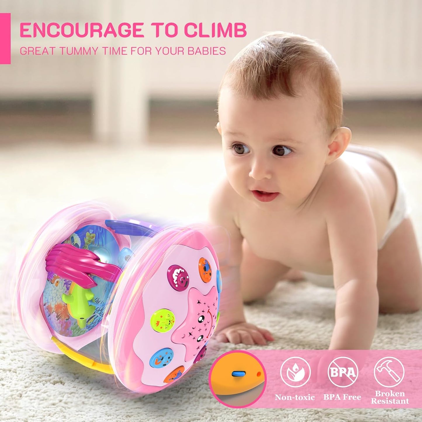 Baby Toys 6-12 Months - Musical Light Up Rotating Toys, Pink Ocean Projector for Infant 9-12-18 Month, Learning Visual & Hearing & Crawling Skill, Birthday Gifts for Toddler Boys Girls 1 2 3 Years Old