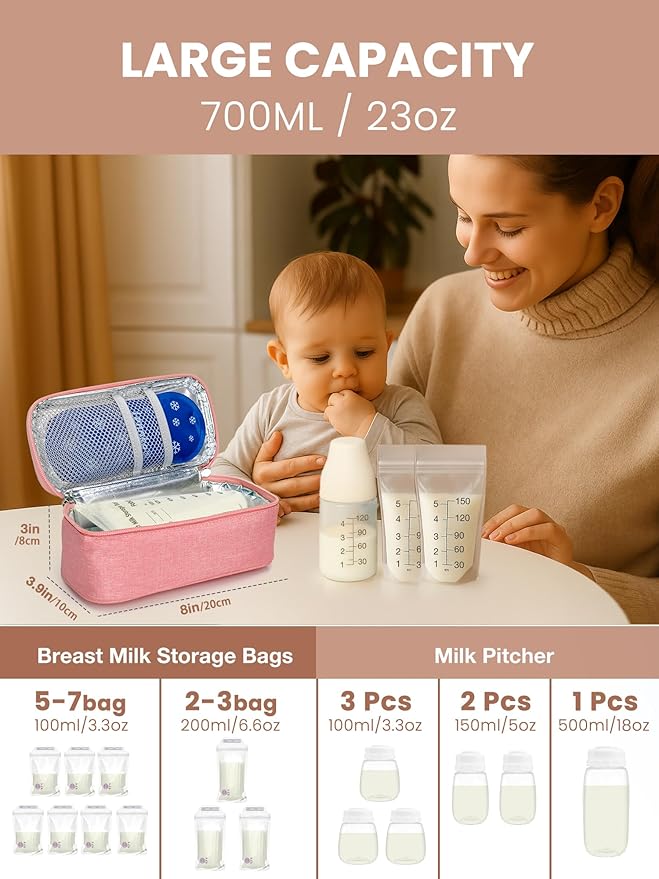 Breast Milk Cooler Travel Bag, Real-Time Temperature Display, Holds 4-6 Breastmilk Storage Bag with 2 Breast Milk Ice Pack, Cooling & Waterproof Portable Cooler for Moms on The Go(Pink)
