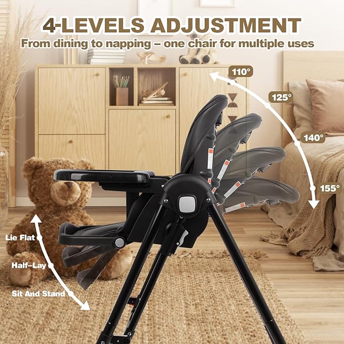 High Chairs for Babies and Toddlers Foldable High Chair Adjustable with Reclining Seat & Leg Rest, 3-in-1 Convertible Baby Swings with Tool-Free Assembly (Black)