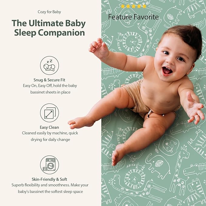 Baby Bassinet Sheets Girl Boy, Fitted Bassinet Sheet Set 3 Pack Bassinet Mattress Sheets Universal Fit for Rectangle, Round, Oval, Hourglass Mattress, Soft Breathable Green & Apricot Lion