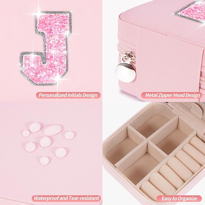 Travel Jewelry Case - Personalized Jewelry Box for Women,Small Jewelry Organizer Cute Jewelry Organizers and Storage Aesthetic,Travel Essentials Birthday Gifts for Girls Women | Pink,J