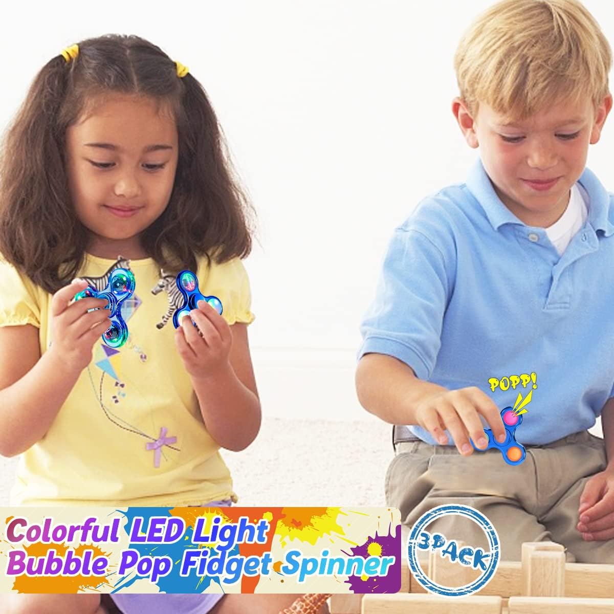 3 Pack Fidget Spinner Toy, Led Light Up Finger Spinner, Push Pop Bubble Fidget Spinner, Hand Spinner for Anxiety Relief and Stress Reduction, Party Favor Gifts for Children