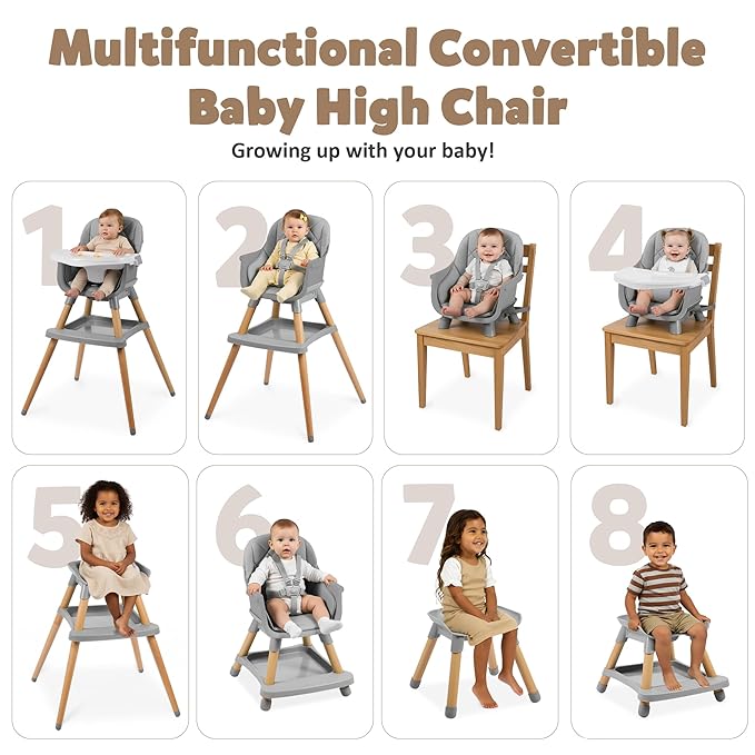 8 in 1 Wooden High Chairs for Babies Toddlers, Convertible to Booster Seat, Baby Feeding Highchair w/ 5-Point Safety Harness, Removable Tray & Cushion, Gray