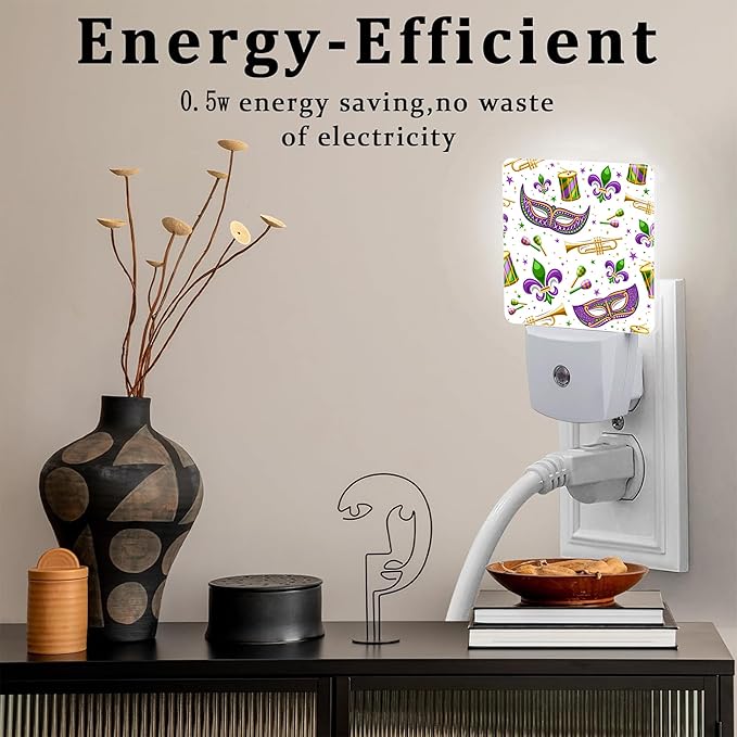 Mardi Gras Carnival Night Light, Fleur De Lis Mask and Musical Instruments Dusk to Dawn Night Light Plug in,0.5w Energy Saving Sleep Friendly NightLight for Kids Boys Girls Home Decor