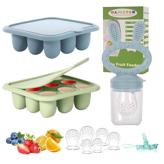 WAJIAYON Baby Breastmilk Popsicle Molds & Baby Fruit Feeder (3 Pack), Baby Food Freezer Tray Storage Containers, Silicone Teething Pacifier Feeder and Teether for Babies,Baby Feeder - Green