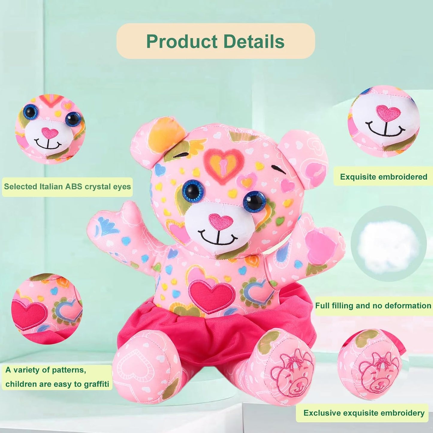 Coloring Plush Toy with 5 Washable Markers for Little Girls Doodle Dolls for Kids Ages 4-6 Birthday (Pink Bear)