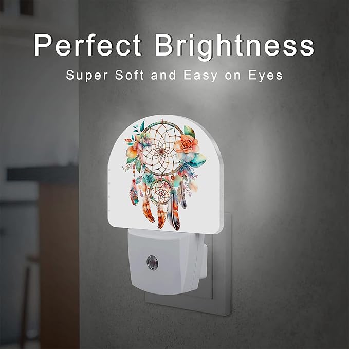 Boho Dream Catcher Flowers Night Light, Watercolor Boho Feathers Floral Dusk to Dawn Night Light Plug in, 0.5w Energy Saving Sleep Friendly NightLight for Kids Boys Girls Home Decor