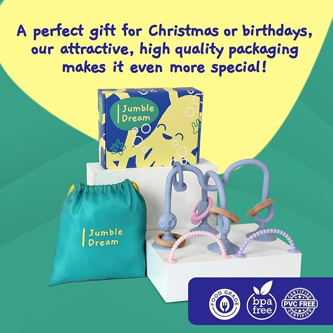 Jumble Jangle Baby Teething Toys – BPA-Free, Multi Purpose High Chair Toys for Babies: Suction Teething Relief with Sensory Toy Textures for Infants and Toddlers 0–24+ Months (Light Blue)