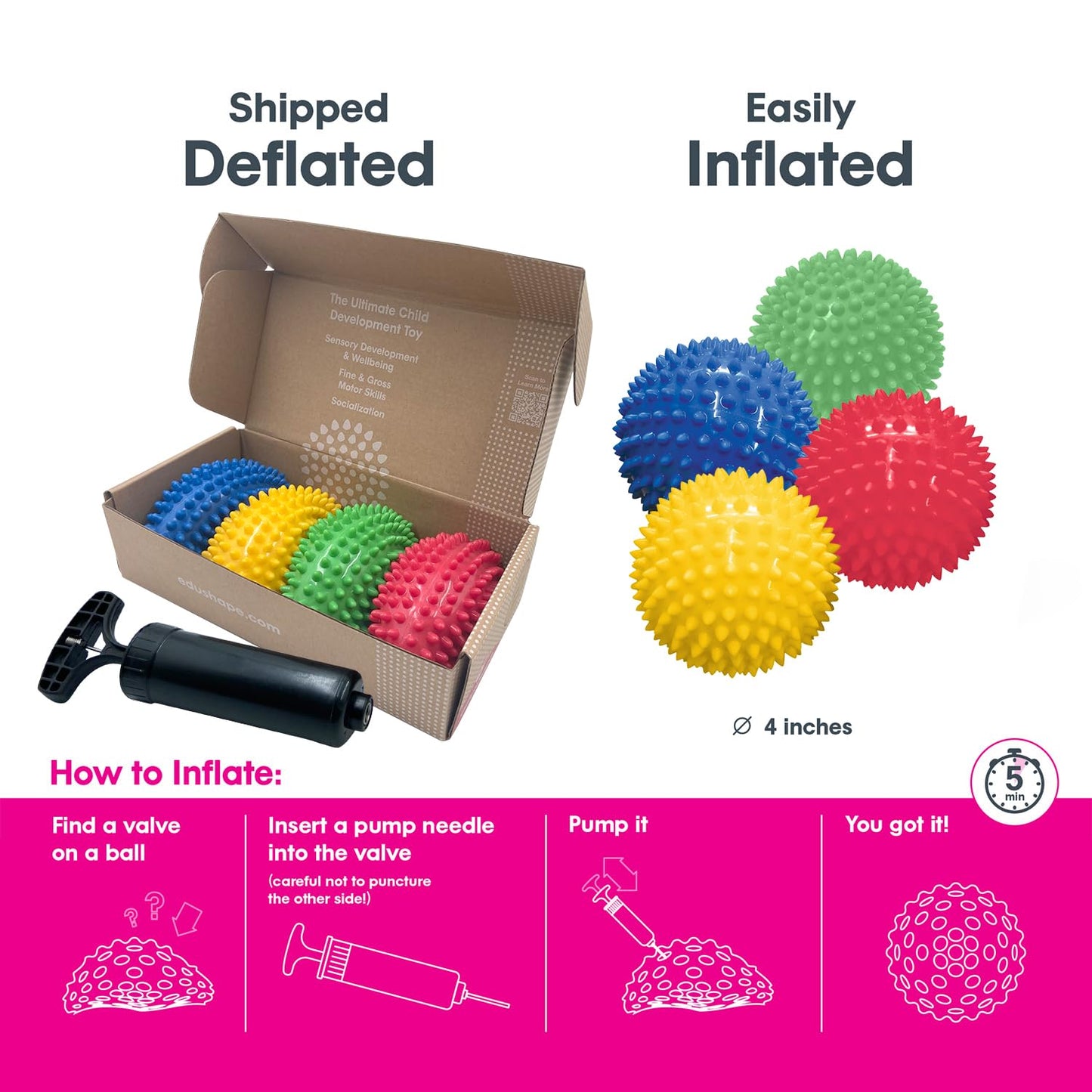 Edushape Original Sensory Ball for Baby - 4" Deflated with Pump - Solid Primary Color - Enhances Gross Motor Skills for Kids 6 Months & Up