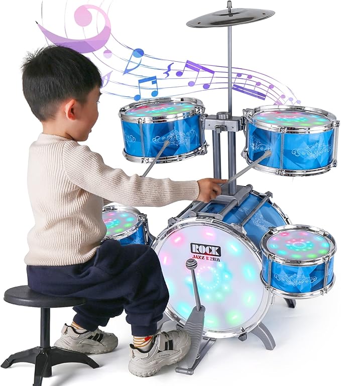 Kids Drum Set for Toddlers with 5 Jazz Drum Kit & Lights (Vibrating-Controlled) & Alloy, Musical Instruments Toys, Boys Gifts for Aged 1-3 3-5