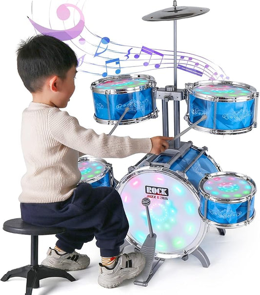 Kids Drum Set for Toddlers with 5 Jazz Drum Kit & Lights (Vibrating-Controlled) & Alloy, Musical Instruments Toys, Boys Gifts for Aged 1-3 3-5
