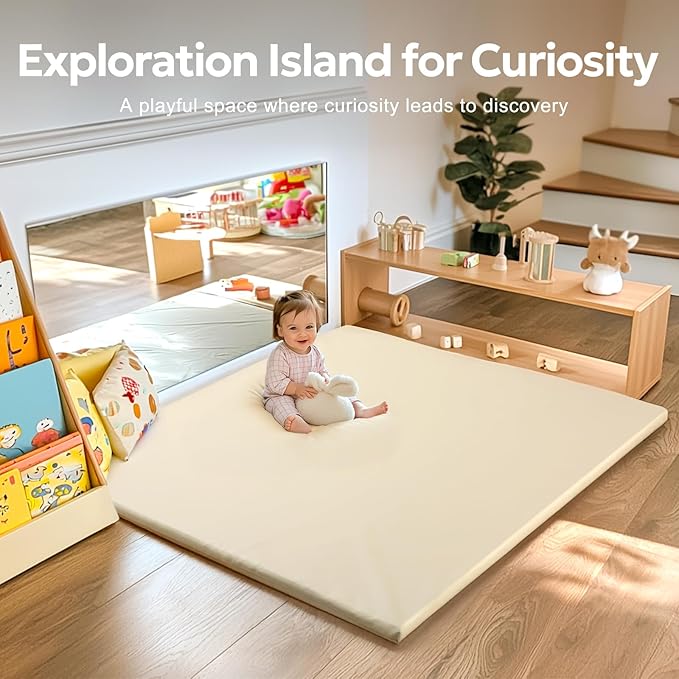 Baby Mat for Floor, Thick Soft Non-Toxic Vegan Leather Baby Play Mat, Waterproof Foam Play Mat, Padded Play Mat for Baby, 50x50 Playpen Mat, Infant Playmat for Baby Girls and Boys, Beige