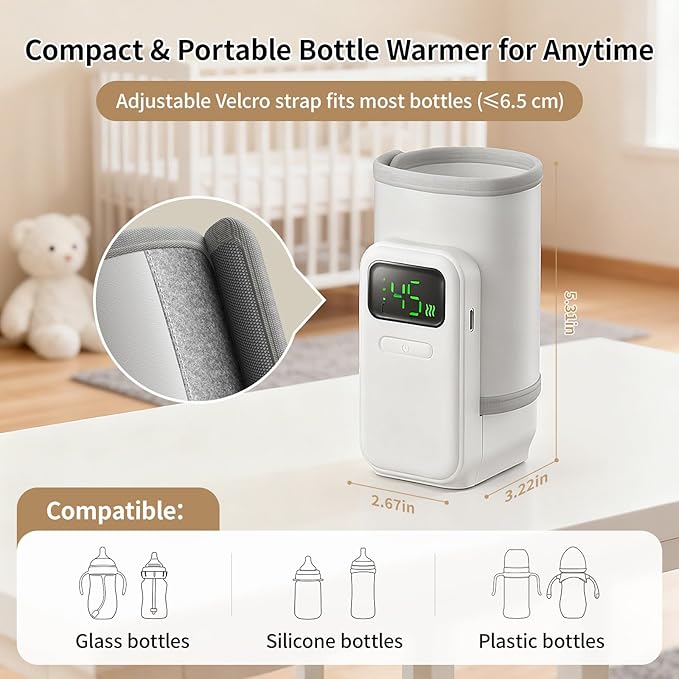 Portable Baby Bottle Warmer for Travel,Breastfeeding Essentials,Baby Bottle-Feeding Supplies Bottle Warmer On The Go,Breast Milk Warmer for Baby,Rechargeable 5000 mAh Battery,Digital Display
