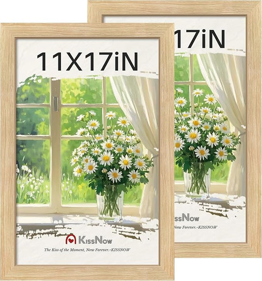 11x17 Picture Frame 2 Pack, Natural Oak Wood, Wall Gallery Poster Frame