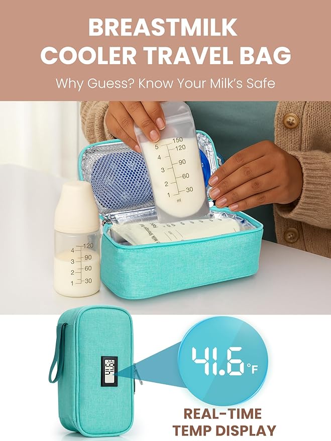 Breast Milk Cooler Travel Bag, Real-Time Temperature Display, Holds 4-6 Breastmilk Storage Bag with 2 Breast Milk Ice Pack, Cooling & Waterproof Portable Cooler for Moms on The Go(Light Green)
