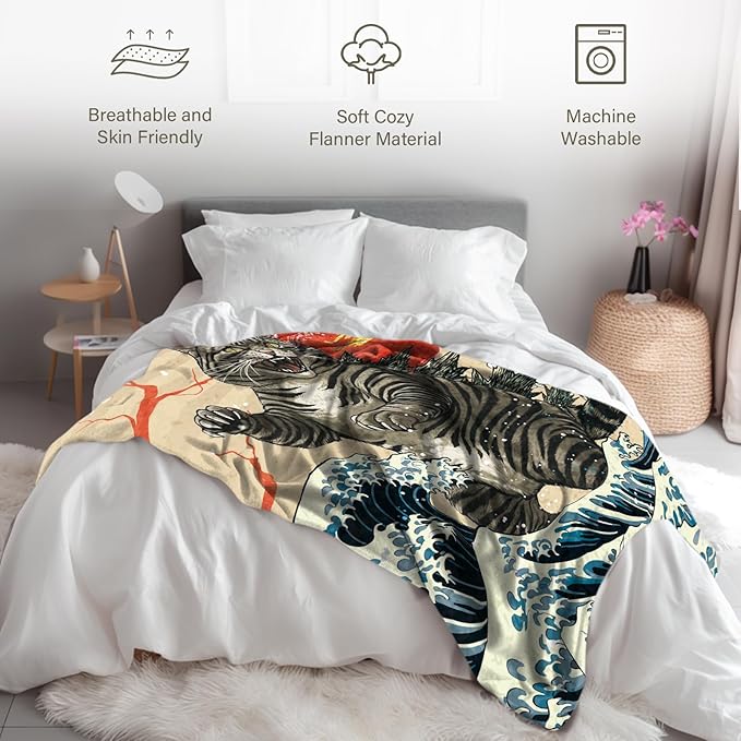 Anime Cat Blanket for Lover, Japanese Funny Cat Blanket 50"*60", Cat Gifts for Women Men Cats Lovers, Kitten Blanket, Funny Vintage Cat Art, Japanese Sunset