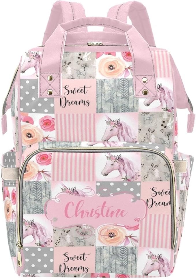 Horse Pink Personalized Diaper Bag with Custom Name – Custom Baby Tote Backpack for Mom, Unique Gift for New Parents, Baby Shower Essentials