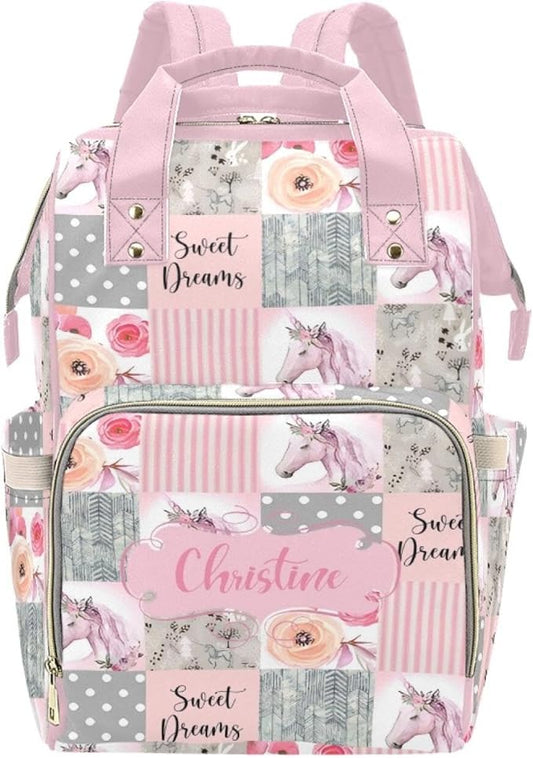 Horse Pink Personalized Diaper Bag with Custom Name – Custom Baby Tote Backpack for Mom, Unique Gift for New Parents, Baby Shower Essentials