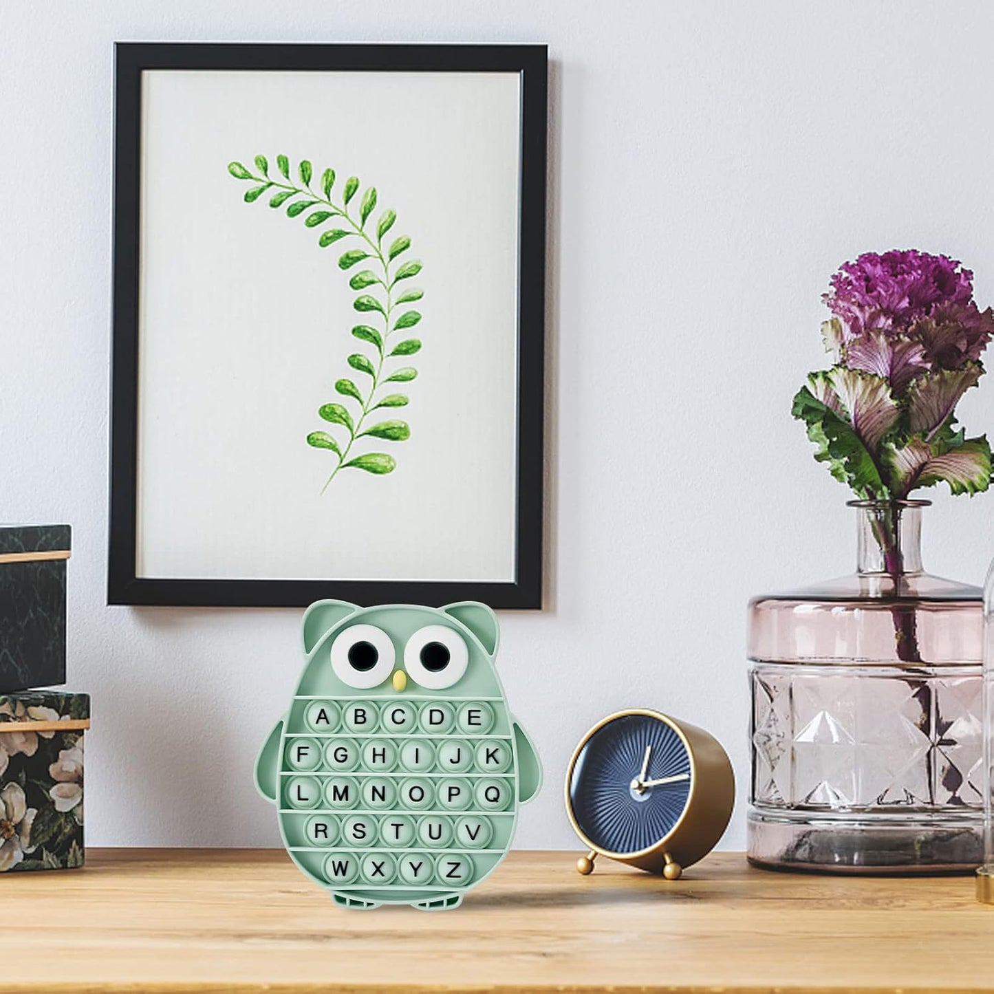 Push Pop Bubble Fidget Sensory Toy, Silicone Stress Relief Popping Toy, ABC Alphabet Owl Shaped Educational Learning Tools for Toddlers Kids Students (Black Letters-Green)