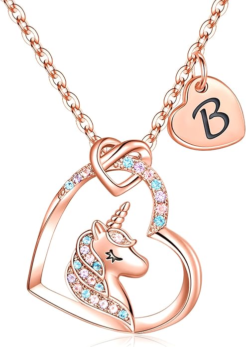 Hidepoo Unicorn Necklace Gifts for Girls - Colorful CZ Heart Pendant Initial Unicorns Necklaces for Teens Little Girls Jewelry Birthday Gift for Girl Daughter Granddaughter Niece