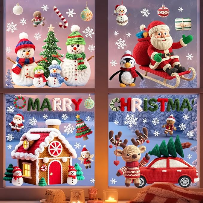Christmas Window Stickers Easy Apply Fun Christmas Window Clings Decor Set-Vibrant Santa,Woolen Tree Car House,Reindeer & Snowman Static Decals-Removable - Safe for Home, Office, School Indoor Use