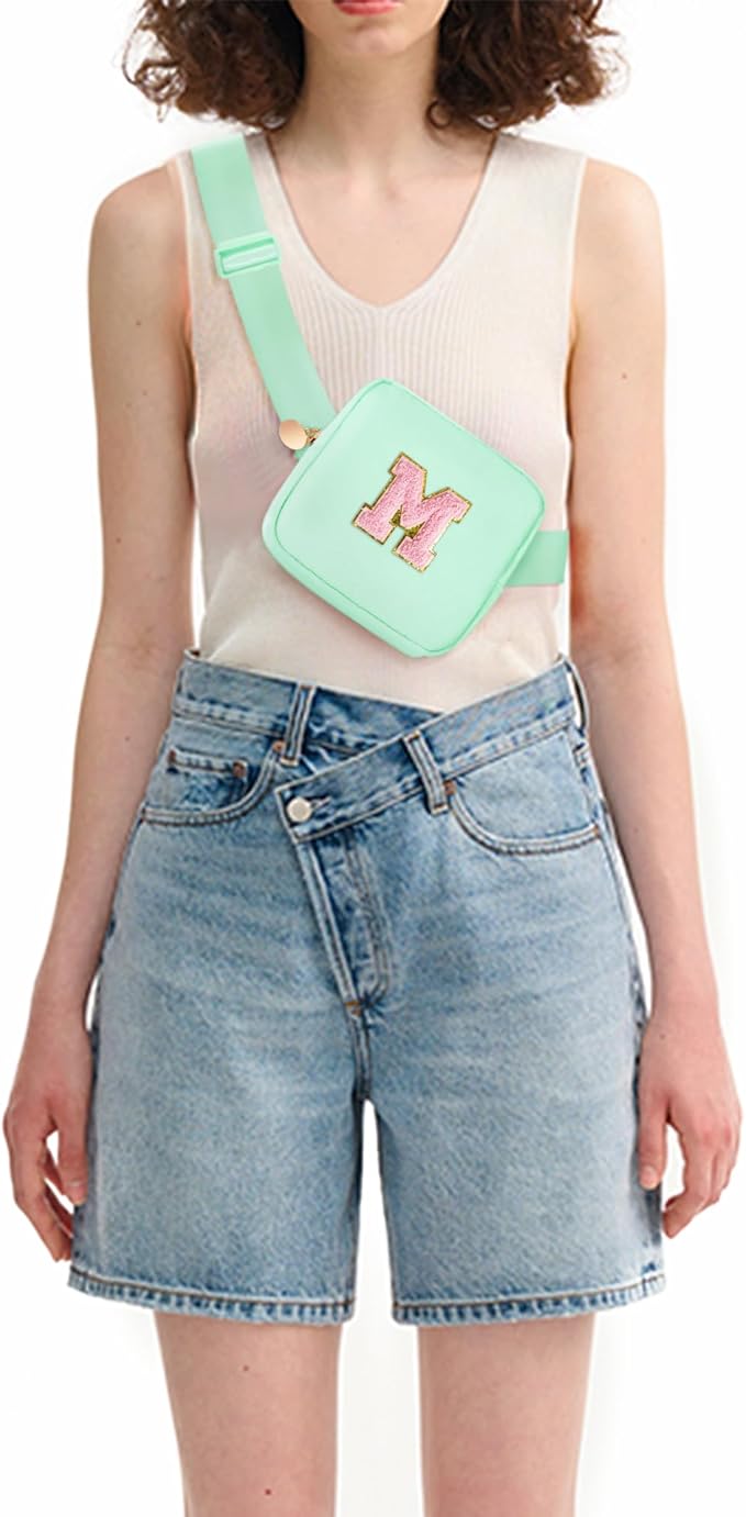 Mini Belt Bag Fanny Pack with Initials Letter Patch Small Crossbody Bags Cute Stuff Birthday Gifts for Teenager Girls Trendy Stuff for Teens - Light Green,M