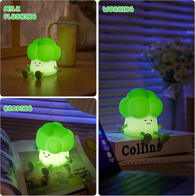 Cute Broccoli Night Light, LED Squishy Novelty Baby Night Lamp, 3 Levels Dimmable Timer Nursery Nightlight for Kids, Rechargeable Touch Bedside Lamp, Bedroom Dorm Decor, Baby Boys Girls Gifts