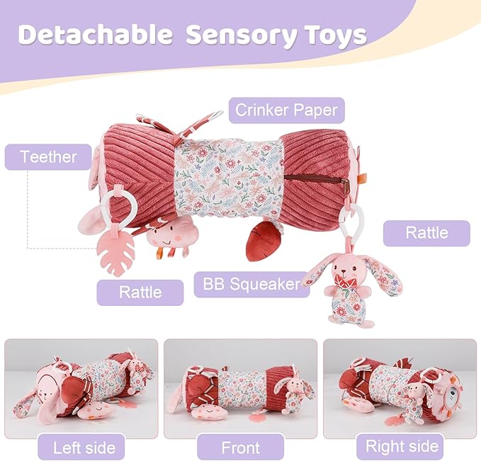 vocheer Tummy Time Pillow with Detachable Sensory Toys for Babies,Inflatable Design,Pink Rabbit, Baby Girl Toys 3-6 Months with Tummy Time Mirror, Rattles, Teether, Baby Girl Gifts