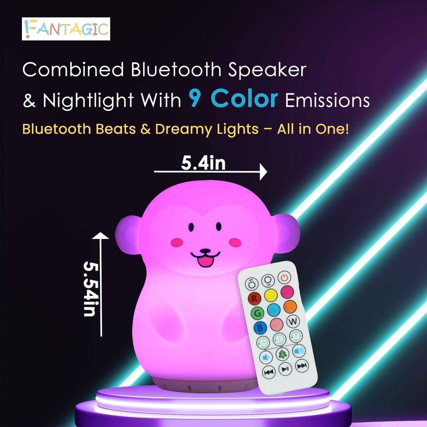 Combined Bluetooth Speaker & Nightlight With 9 Color Emissions, Child Friendly Silicone & BPA Free, USB Recharging, Receives Audio From Computer, Phone Or Tablet, and includes Remote Control (Monkey)