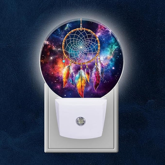 Round LED Night Lights Lamp with Dusk to Dawn Sensor, Colorful Dreamcatcher with Feathers in The Center Night Light Plug Into Wall for Kids Room, Bedroom, Bathroom, Kitchen, Hallway