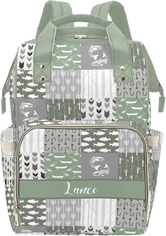 Personalized Fishing Diaper Bag with Name – Custom Baby Bag, Nursing Tote Backpack for Mom, Custom Name Mommy Daypack, Shower Gift for Baby