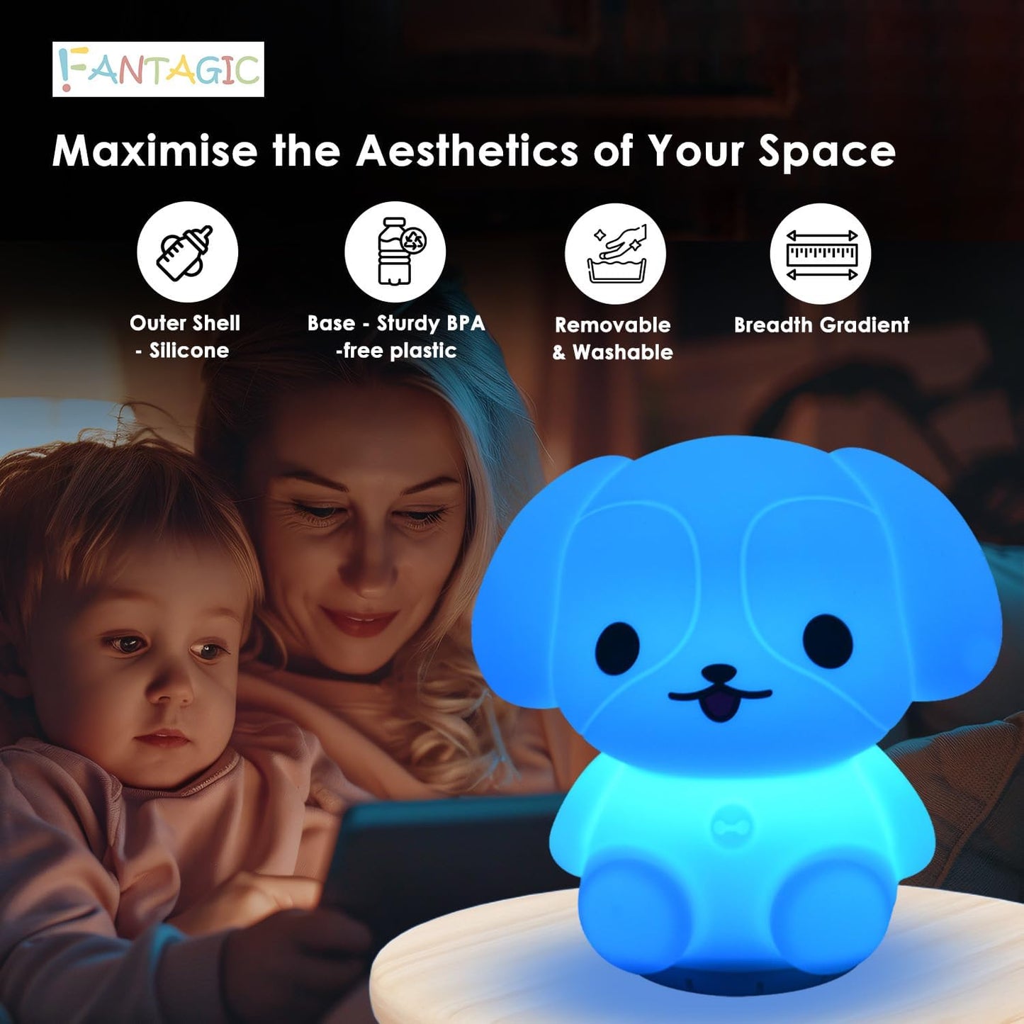 Combined Bluetooth Speaker & Nightlight With 9 Color Emissions, Child Friendly Silicone & BPA Free, USB Recharging, Receives Audio From Computer, Phone Or Tablet, and includes Remote Control (Dog)