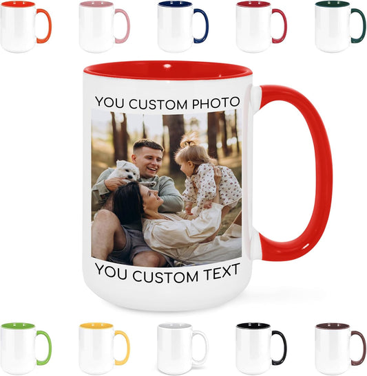 Custom Mug Upload Your Picture Personalized Coffee Mug with Photo Text Name Customized Cup Unique Ideas Gifts for Men Women Mom Dad Girlfriend Boyfriend Friend Family (Red, 15oz)