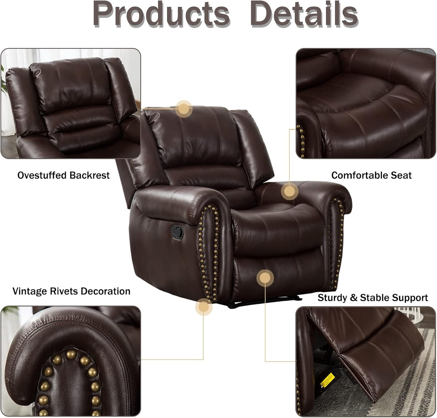 CANMOV Leather Recliner Chair, Classic and Traditional Manual Recliner Chair with Comfortable Arms and Back Single Sofa for Living Room, Brown
