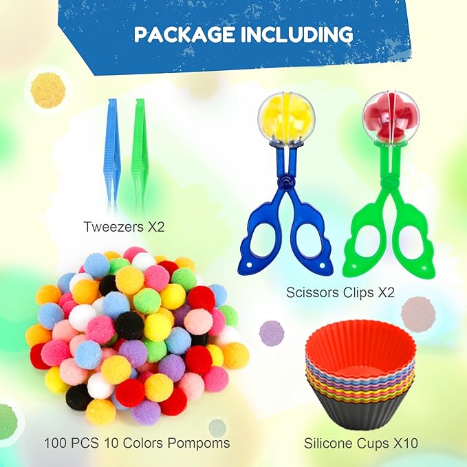 114 PCS Fine Motor Skills Sensory Bin Filler Includes 10 Sorting Bowls, 100 Pom Poms, 2 Tweezers, 2 Scooper Scissors for Kids Early Education, Counting Sorting Training Development