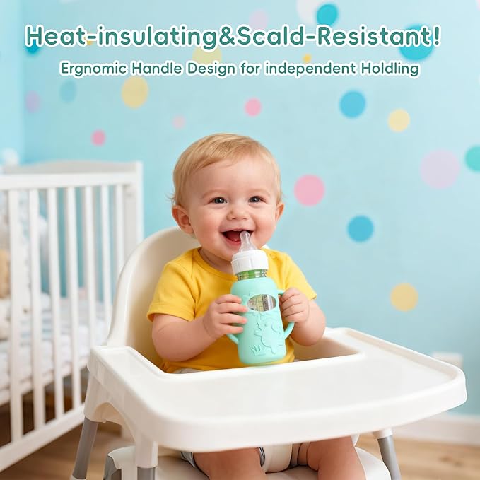 3-Pack Silicone Bottle Sleeve with Handles for Dr. Brown’s 4oz Narrow Glass Baby Bottles – BPA-Free, Heat-Resistant, Anti-Slip Grip, Easy to Clean, Multiple Colors (4oz,Green + Blue + Gray)